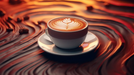 Cup of cappuccino with latte art on red backgroundの素材