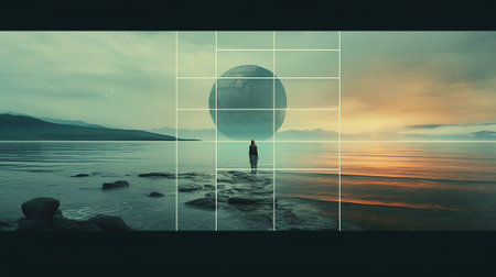 3d render of woman standing on the beach and looking at sunsetの素材