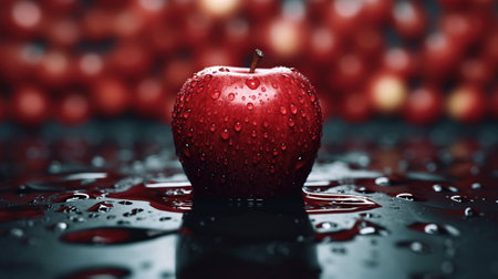Red apple with water drops on black background, shallow depth of fieldの素材