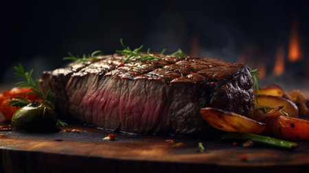 Grilled beef steak with vegetables on a wooden board, closeupの素材