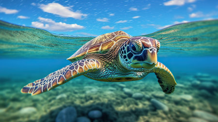 Hawaiian Green Sea Turtle in the Ocean. 3d Renderingの素材