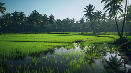 Tropical rice field with coconut palm trees in Sri Lanka.の素材