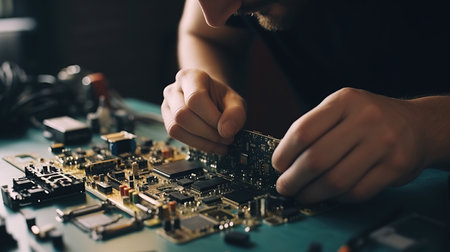 Repairman repairing electronic circuit board with soldering iron, closeupの素材