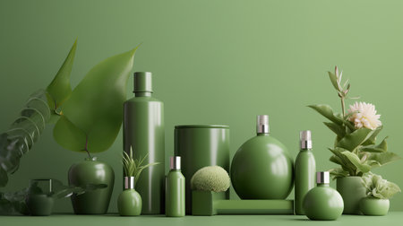 3d render of green cosmetic bottles with tropical leaves on green backgroundの素材