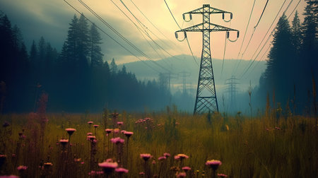 Power line in the meadow with pink flowers and trees in the backgroundの素材