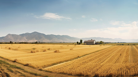 Agricultural landscape with wheat field and barn in the foreground.の素材