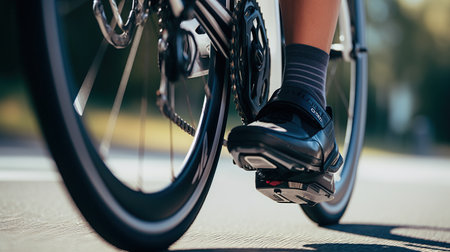 Close up of the legs of a cyclist riding a bicycle on a sunny dayの素材