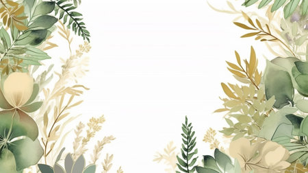 Watercolor floral background with green leaves and flowers. Hand painted illustration.の素材