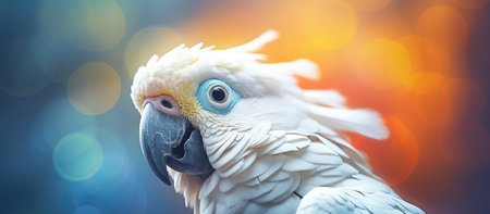 Portrait of white parrot on bokeh light background.の素材