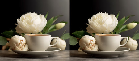 Collage of two cups of coffee with ice cream and white peony flowers on grey backgroundの素材