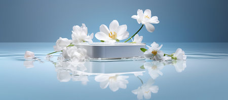3d render of white cosmetic product display with jasmine flowersの素材