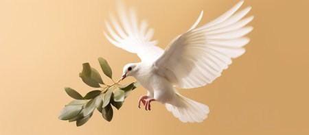 Flying white dove with olive branch on beige background, closeupの素材