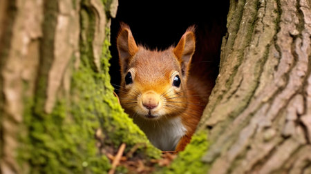 Eurasian red squirrel (Sciurus vulgaris) looking out of a hole in a treeの素材