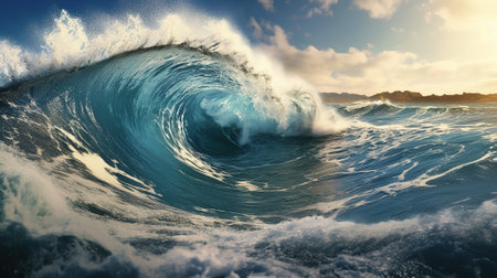 Surfing ocean wave. 3D render of ocean wave and blue skyの素材