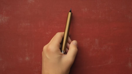 Pencil in hand on a red background, close-up.の素材