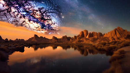 Milky Way over a lake in a desert landscape. 3d renderingの素材