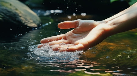 Close-up of child's hands playing with water in a streamの素材