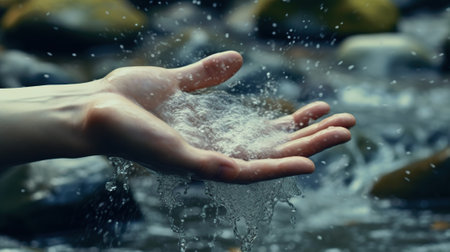 Close-up image of human hand reaching for water in mountain streamの素材