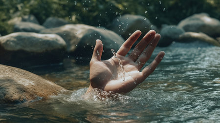 Hands of a man in the water. The concept of freedom and nature.の素材