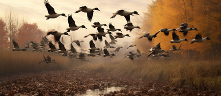 Flock of geese flying in a foggy autumn landscape.の素材