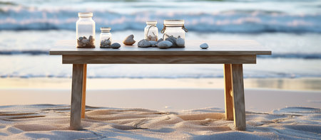 Wooden table with glass jars and stones on the beach. 3d renderingの素材