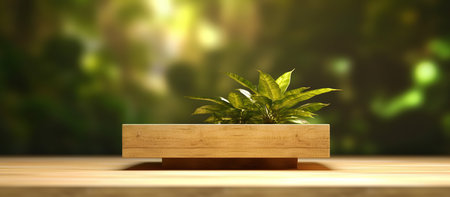 3d render of a green plant in a pot on a wooden tableの素材