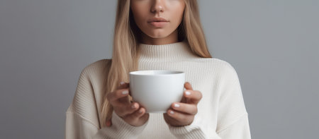 cropped shot of young woman holding cup of coffee isolated on greyの素材
