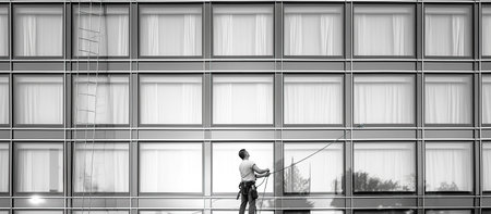 Man with a rope and a helmet cleaning the facade of a modern office building.の素材