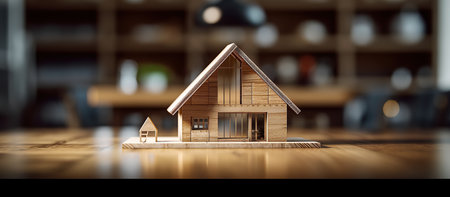 House model on wooden table. Real estate concept. 3D Renderingの素材