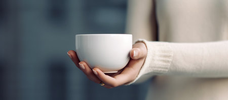 Female hands holding a cup of coffee or tea. Close-up.の素材