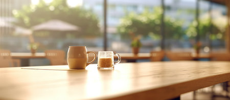 Coffee cup on wooden table in coffee shop blur background with bokeh.の素材