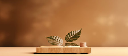 Wooden podium for product presentation with green leaves. 3D renderingの素材