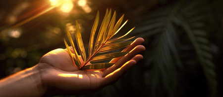 Palm leaf in the palm of your hand on a dark backgroundの素材
