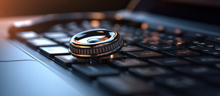 Laptop with a gold coin on the keyboard. 3d renderingの素材