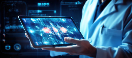 Medical doctor using tablet computer with virtual screen. 3D Renderingの素材