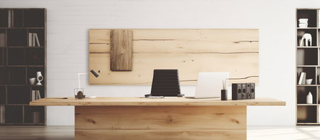 Minimalistic office interior with wooden walls, wooden floor, computer and bookcase. 3d renderingの素材