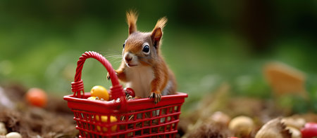 Squirrel in a basket on a background of autumn leaves and nutsの素材
