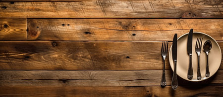 Empty plate with cutlery on rustic wooden background, top viewの素材
