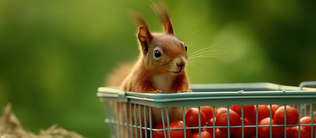 Squirrel in a shopping basket with red tomatoes on a green backgroundの素材