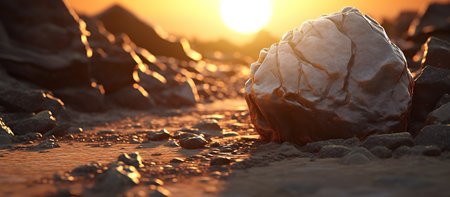 Crumpled stone on the beach at sunset. 3d renderingの素材