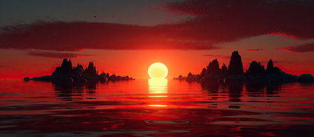 Fantasy island in the sea at sunset. 3D illustration.の素材