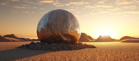 3d render of a stone in the middle of the desert at sunsetの素材