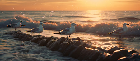 Seagulls on the beach at sunset. Beautiful seascape.の素材