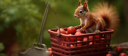 Squirrel in a red basket with tomatoes on a wooden background.の素材