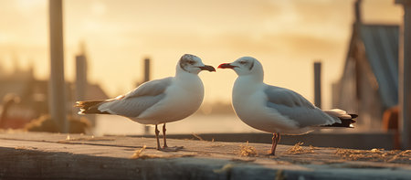 Two seagulls on the pier at sunset in the cityの素材