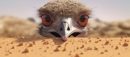 Ostrich in the desert. 3d illustration. Cartoon style.の素材