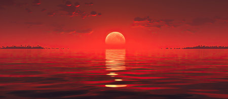 beautiful sunset over the sea, 3d render, computer digital illustrationの素材