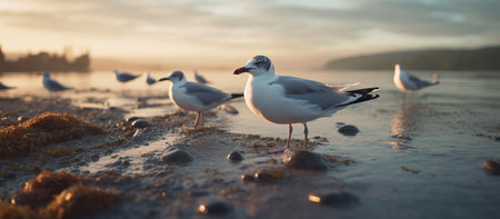 Seagulls on the seashore at sunset time.の素材