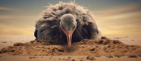 3D rendering of an ostrich in the desert with sand and cloudの素材
