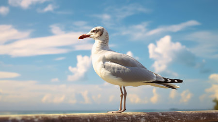Seagull standing on a wooden pier with blue sky background.の素材
